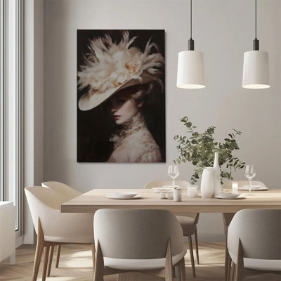1pc, reproduction sur toile encadrée, portrait de femme élégante, chapeau à plumes et vêtements en dentelle, décoration murale de style réalisme classique, parfait pour la décoration de salon, la chambre, le bureau, la cuisine, la salle de bain, la décoration murale idéale