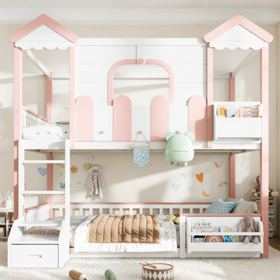 Lit superposé double au-dessus de la double avec tiroir de rangement et bibliothèque, lit superposé pour enfants en bois massif avec fenêtres de toit, conception détachable. Blanc et rose