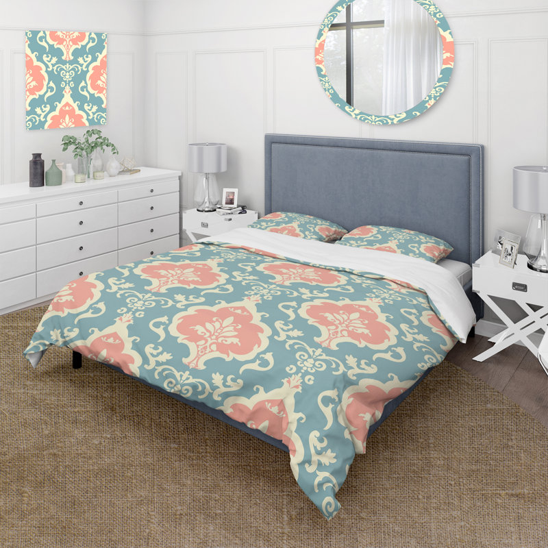 Ensemble de housse de couette à motif damassé pastel bleu, Housse de couette simple + 2 taies décoratives st