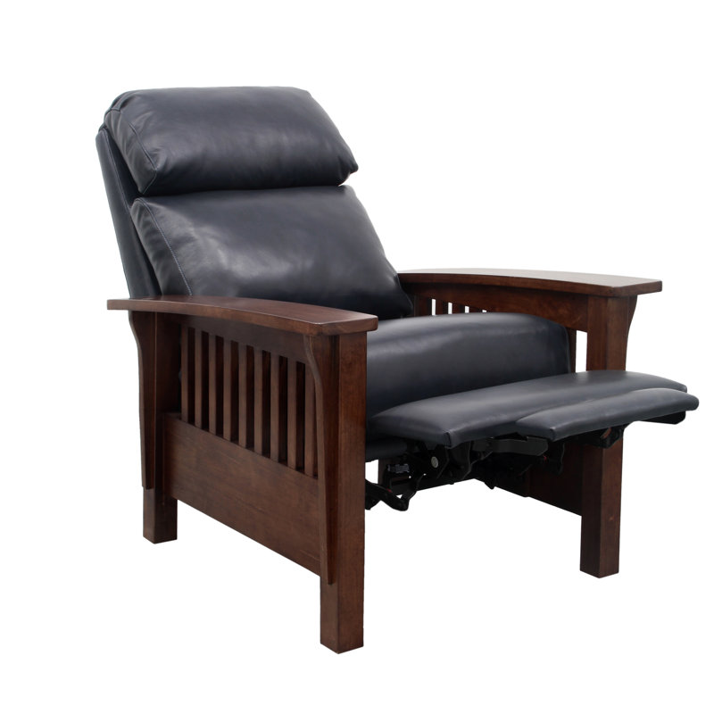 Rinker Recliner, Shoreham Blue Genuine Leather , Mahogany