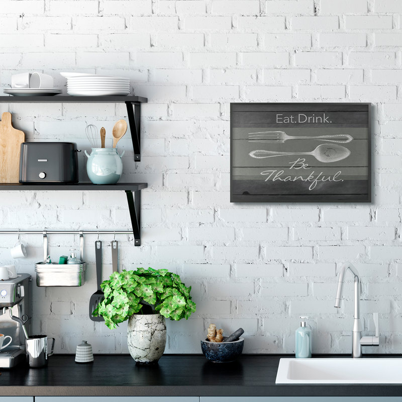 «Eat Drink Be Thankful Silverware Kitchen Wood Texture Word Design» par the Evening Evening Post - impression d'art graphique