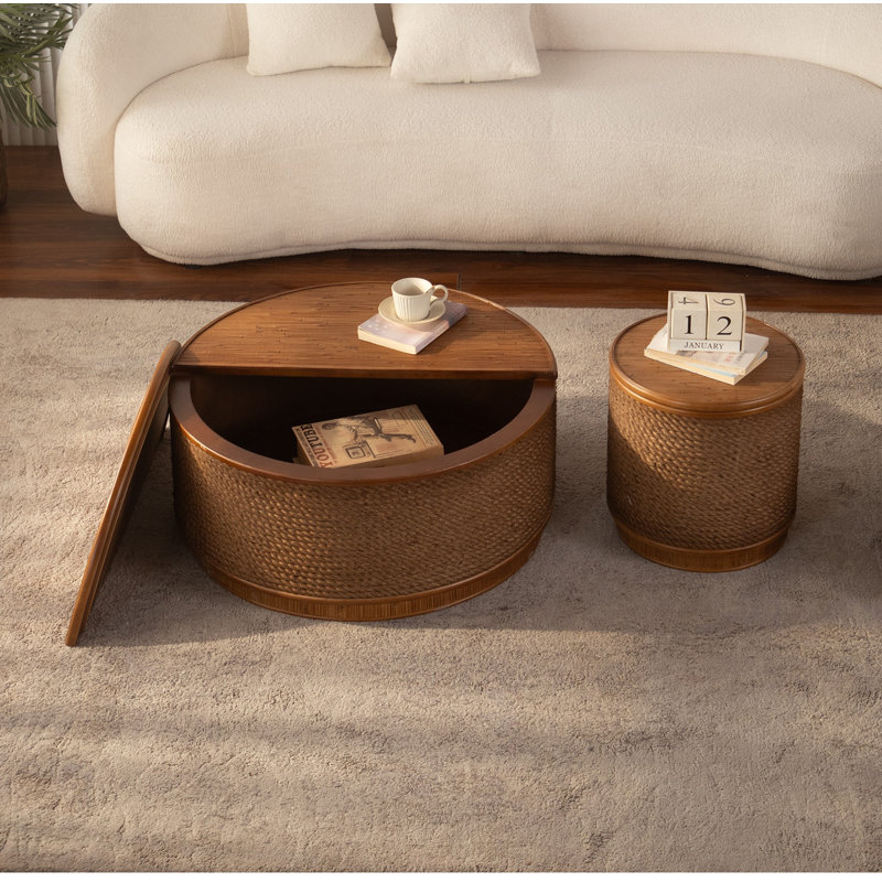 Table basse ronde en rotin avec rangement amovible, garniture en corde de chanvre tissée à la main, style boho-chic, parfaite pour les salons confortables et les espaces compacts