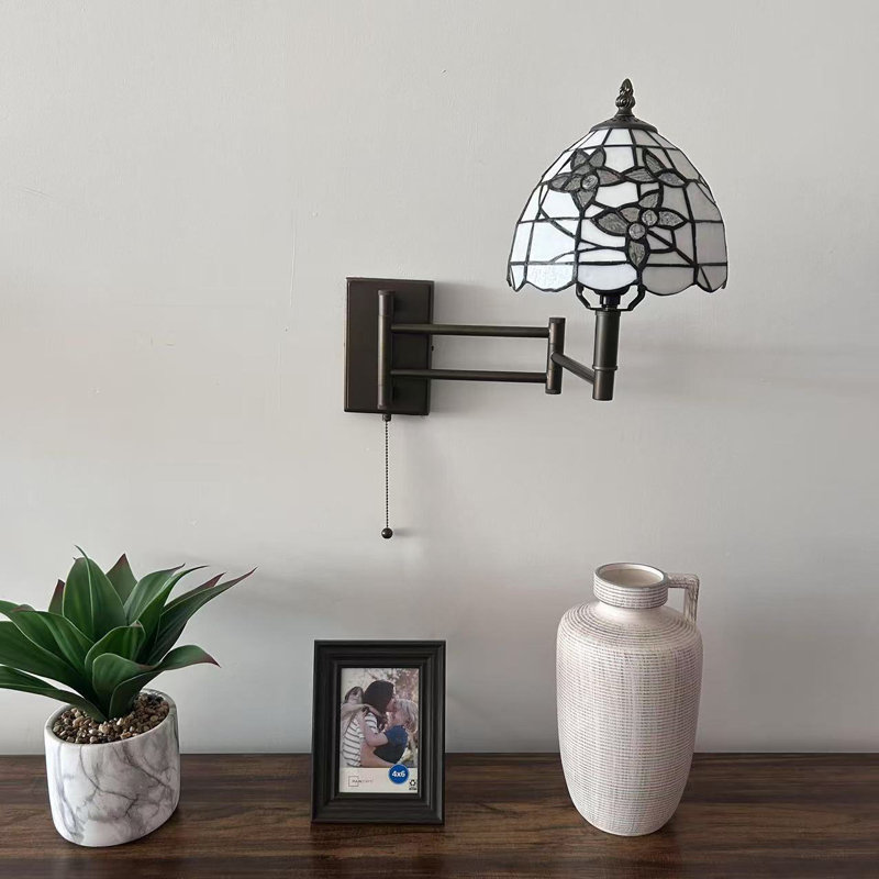 Tiffany Sconce Lamp Swing Arm White Stained Glass Felixstowe Pull Chain Switch 13”W*8”D*15”H