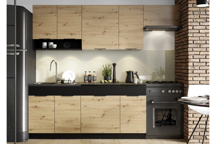modern kitchen with face brick wall and brown wood front kitchen cabinets