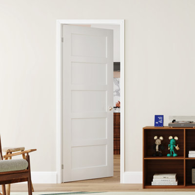 Porte intérieure française pré-montée double à 5 panneaux de style moderne, cadre ajustable, bois massif et bois manufacturé blanc avec cadre et poignée (ensemble de 2)