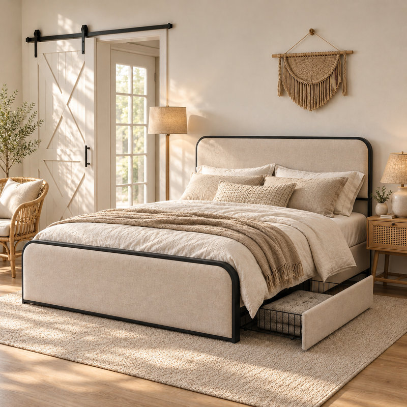 Henos Upholstered Standard Bed with Drawers, Queen, Beige&Black