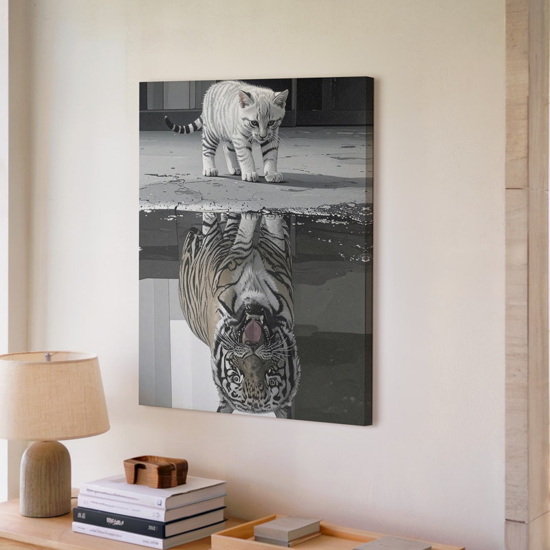 Chaton, réflexion, tigre, photoréaliste, inspiration, art mural sur toile, prêt à accrocher, galerie, décoration intérieure de qualité supérieure