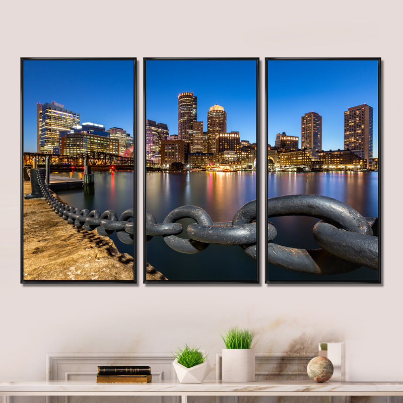 «Boston Skyline At Dusk - Cityscape», ensemble d'art mural sur toile encadré, Noir, H 28 po x l 36 po x P 1 po