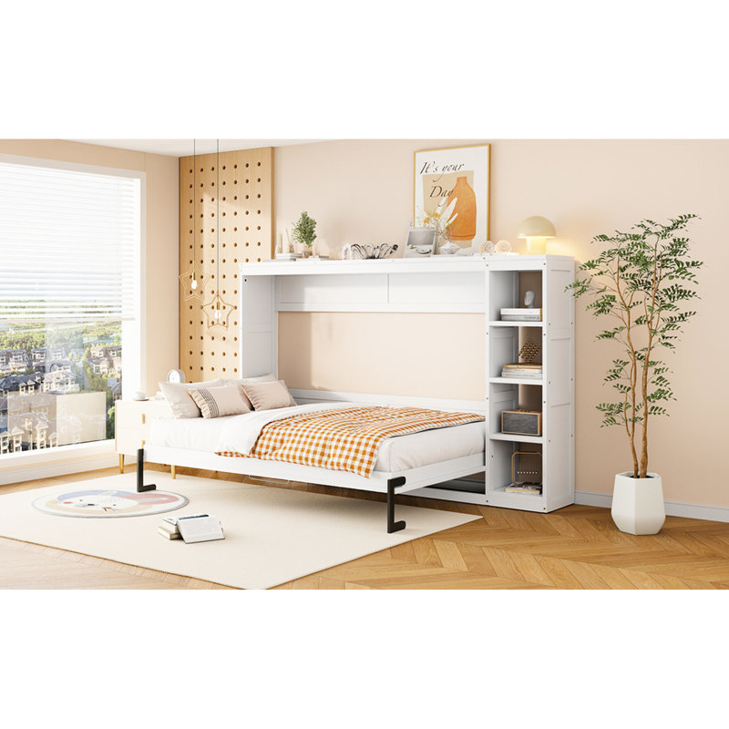 Full Size Bed With Bookshelf, White - Structure. Space Saving Option. Various Storage. No Spring Box. Straightforward Assembly Epsilons