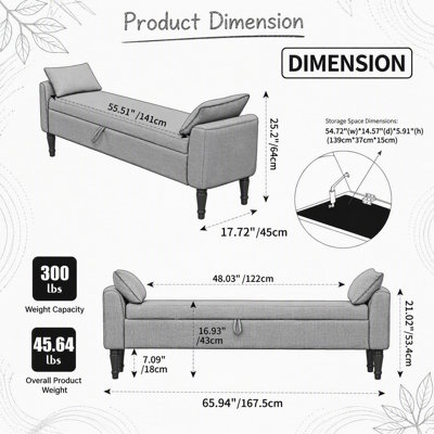 Banc de rangement rembourré en tissu de 65,54 po de largeur avec tabouret, accoudoirs et 2 traversins, banc de repos avec pieds en bois d'hévéa pour le salon, le vestibule, le dortoir, la chambre à coucher, beige