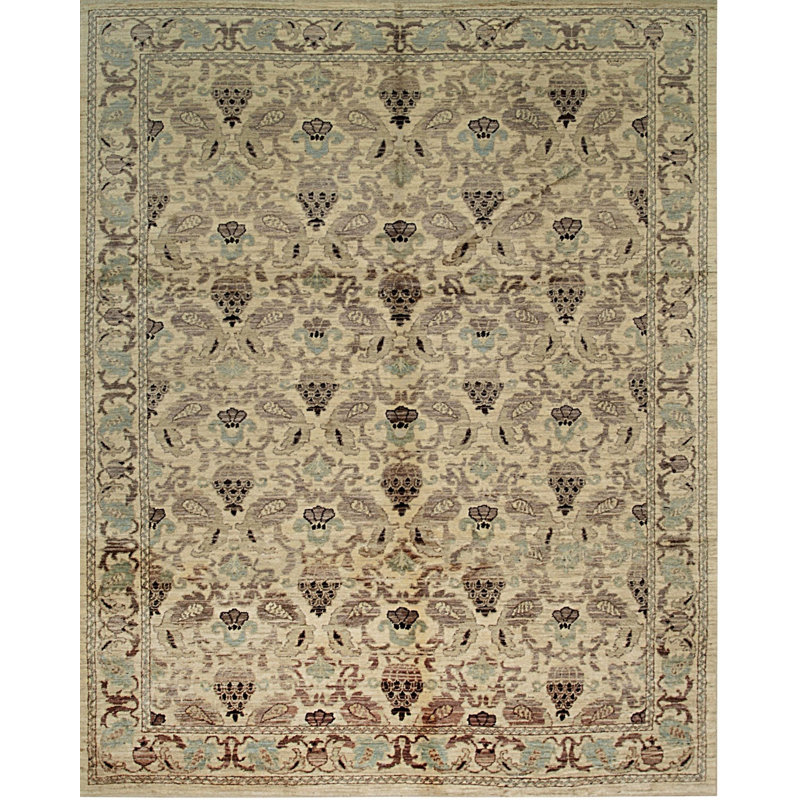 Tapis ivoire en laine noué à la main 8 pi x 10 pi à motif floral classique classique