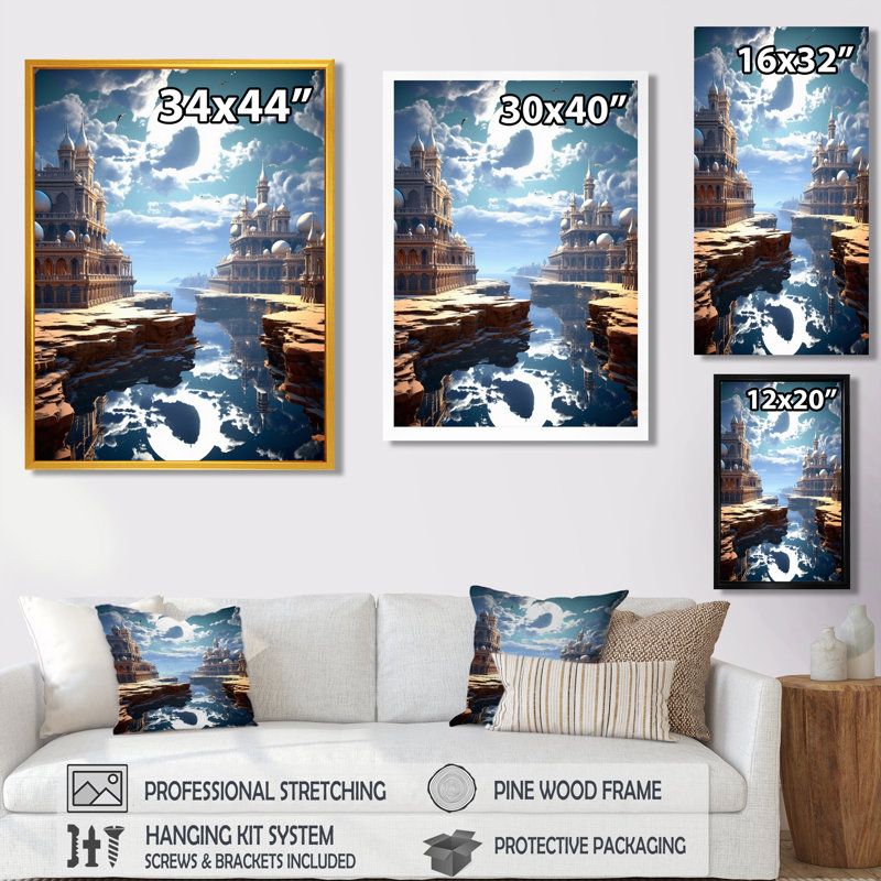 «Eastern Full Moon Cityscape», impression d'art mural paysage urbain, Toile avec cadre flottant noir