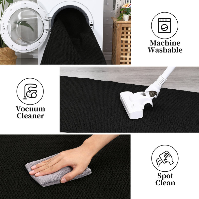 Grand tapis 6 x 9 traditionnel uni texturé lavable pour la salle à manger, Noir, Rectangle 9 pi x 12 pi
