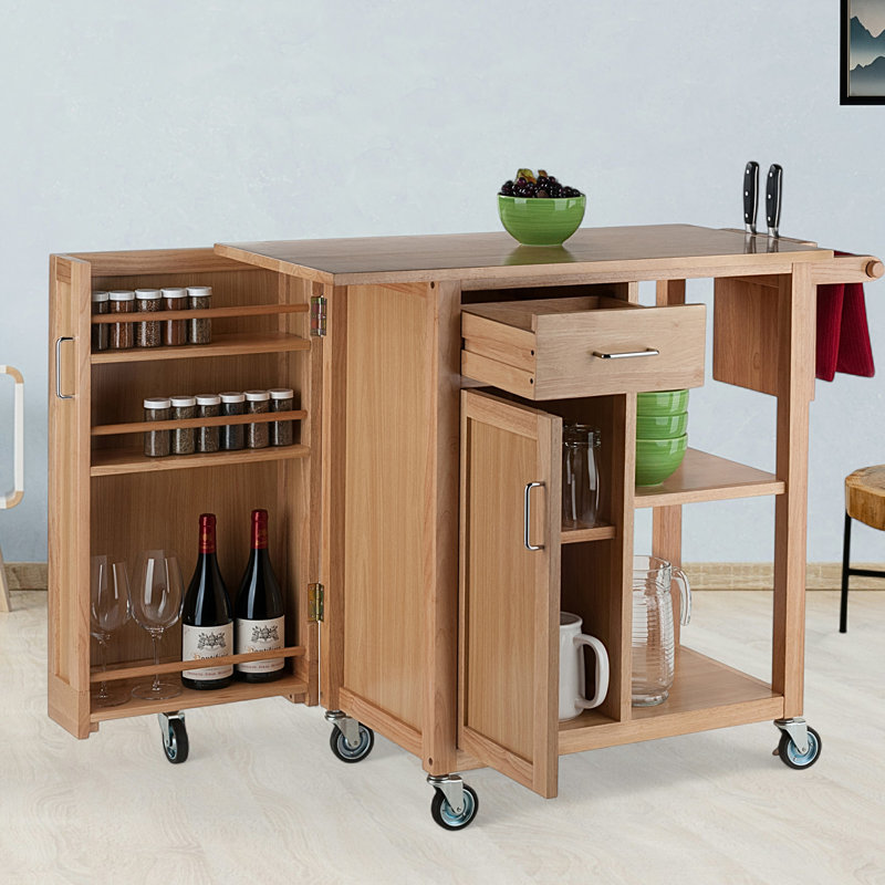 Natural Wood Kitchen Cart with Wine Rack and Storage