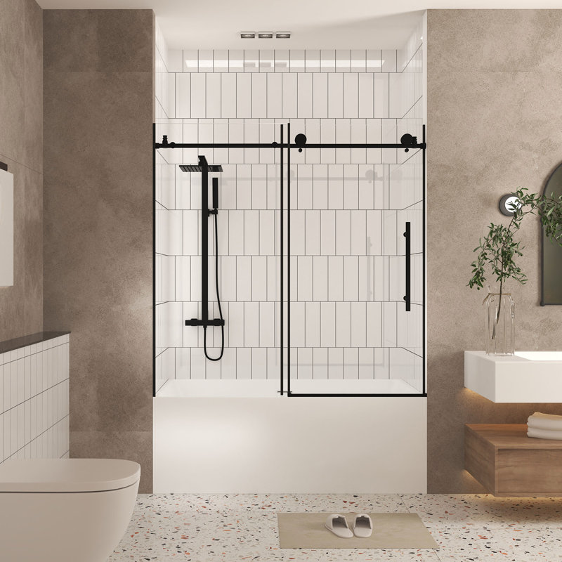 Shower Door, 56 - 60" W X H, 1/4"  6 Mm  Clear Tempered Glass, Proof Film, Smooth Sailing Sliding, Stainless Steel Handle, Matte Black, Conscious For Bathroom Gliding, First