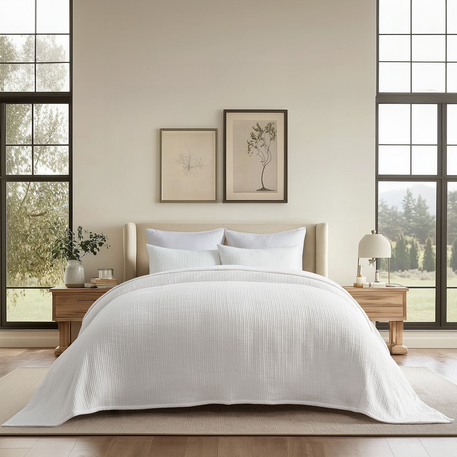 Cotton Gauze Coverlet Set, Queen Quilt + 2 Queen Shams, Ivory White