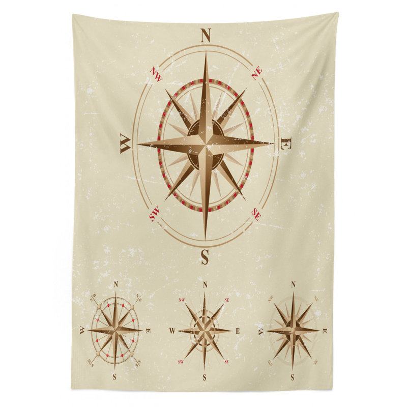 Compass Tablecloth, 4 Different Compasses In Retro Colors Discovery Equipment Where Nautical Marine, Rectangular Table Cover For Dining Room Kitchen Decor, 52" X 70", Beige Tan