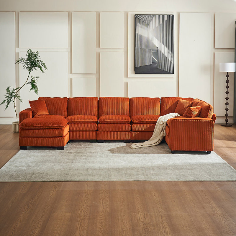 Modern U Shaped 6-Seat Sectional Sofa Couch With One Ottoman And Three Toss Pillows, Living Room Couch