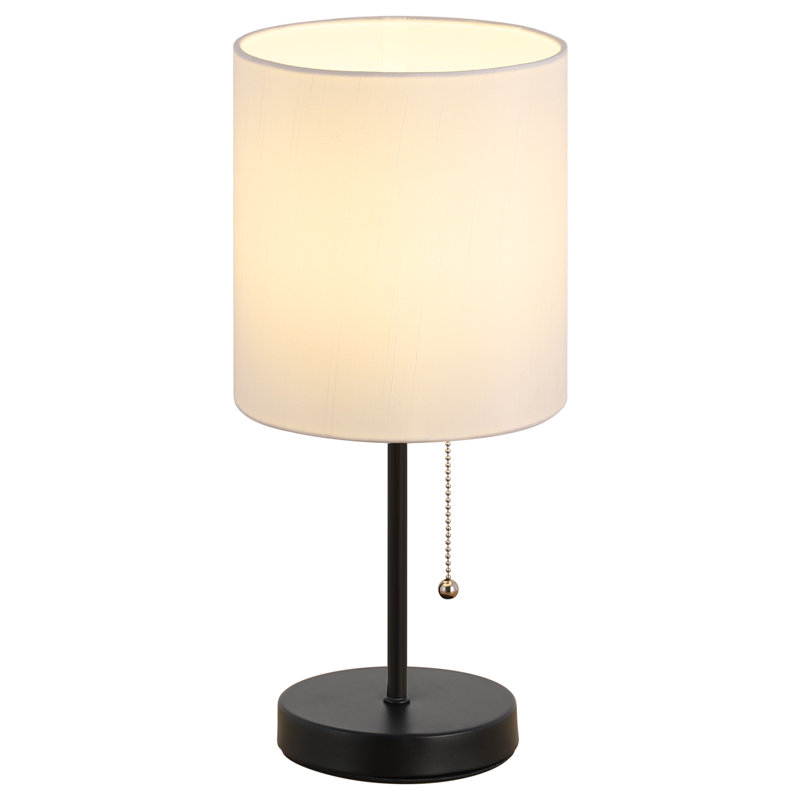 Modern Bedside Desk Lamp Pull Chain with white fabric shade for Bedroom Office Dorm