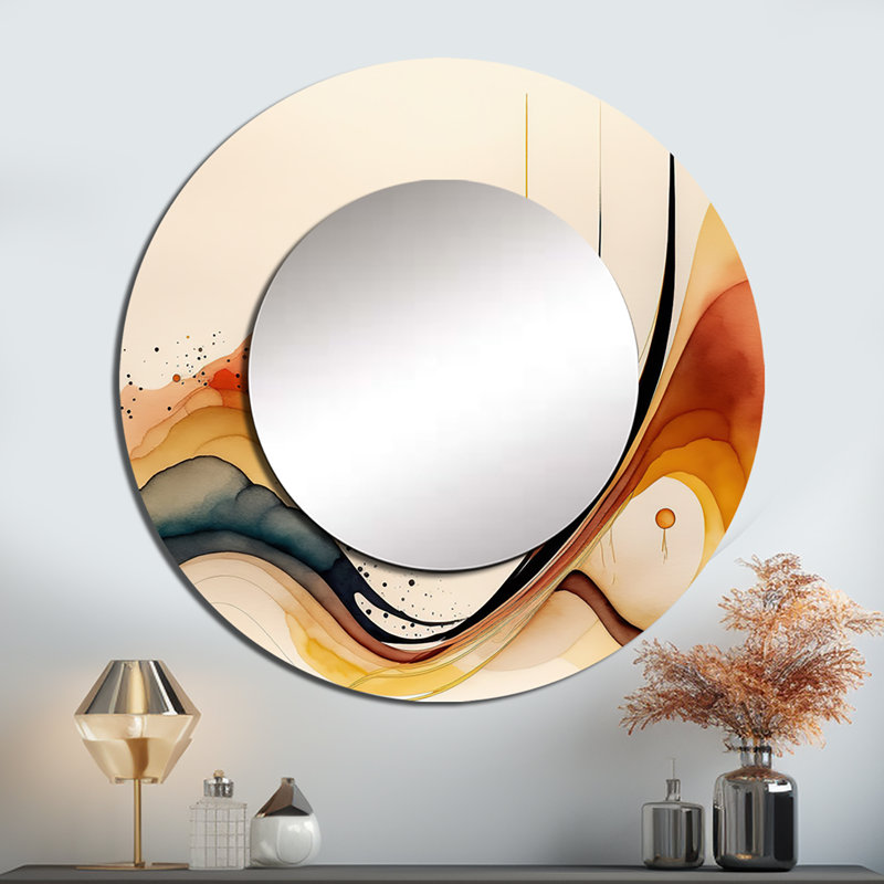 Sinaed Burnt Orange Waves Abstract V - Minimalism Decorative Mirror, Orange Large Round Wall Mirror, Printed Metal Art
