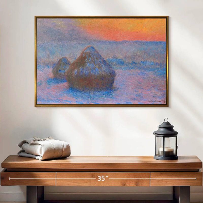 Pile de blé effet coucher de soleil 1890-1891, 25 po x 17 po, Cadre flottant doré