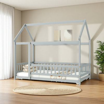 House Floor Wooden Bed With Roof Frame, Safety Guardrails