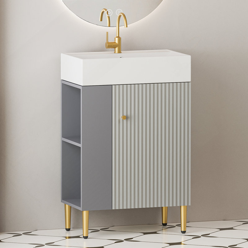 Meuble-lavabo à tablettes ouvertes avec lavabo en céramique et porte à fermeture douce, armoire de rangement pour vestiaire, assemblage requis, idéal pour les salles de bain modernes