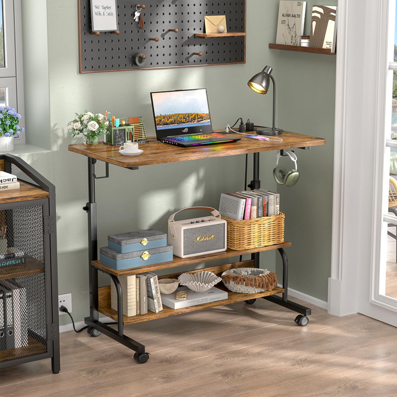 32" Height Adjustable Standing Desk With Power Outlets - Manual Rolling Stand Up Desk With Wheels Small Portable Computer Desk , Rustic