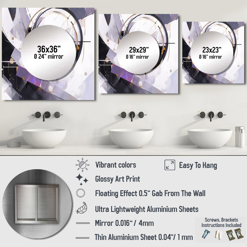 Tourbillon mauve à multiples facettes mauve - Cubisme grand miroir mural carré pour chambre à coucher, 36 po x 36 po