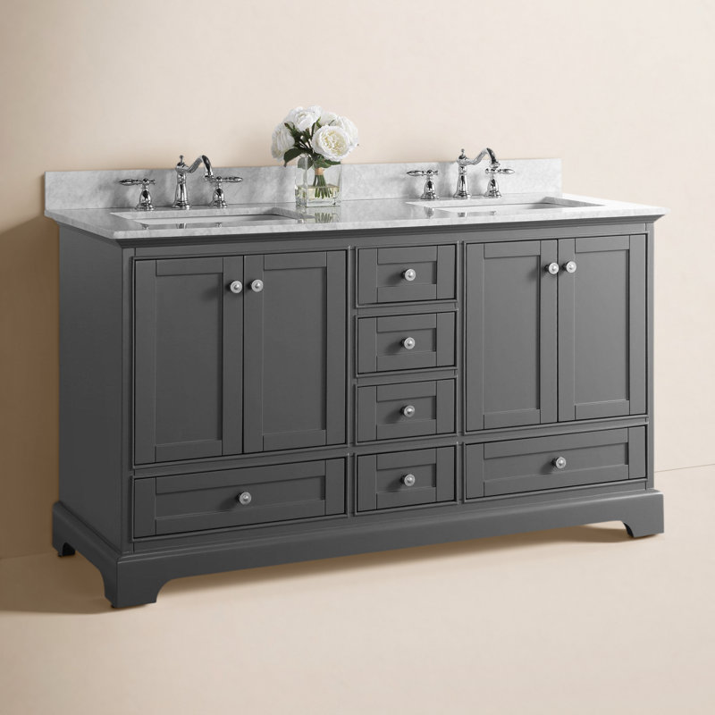 Audrey 60'' W Double Vanity, Sapphire Gray/Brushed Nickel, Carrara White Marble