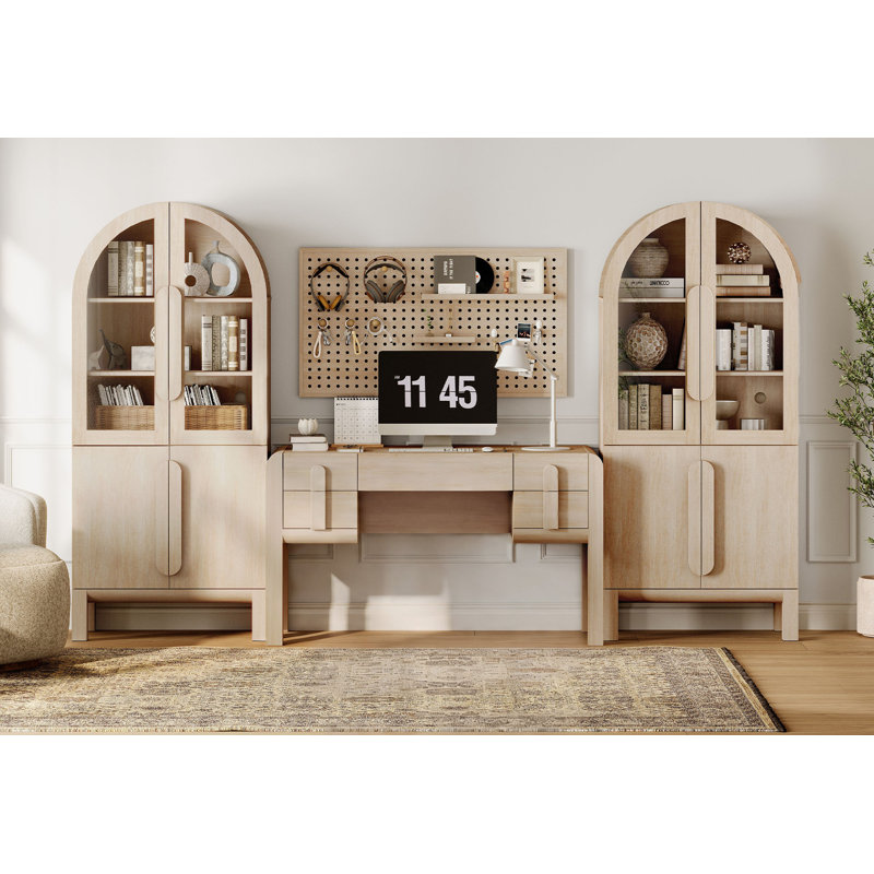 Home Office Set, 53.5" Modern Executive Desk With Charging Station And Drawers & 2 Piece 71"H Tall 5-Tier Arched Bookcases With Glass Door For Living Room, Bedroom, Home Office
