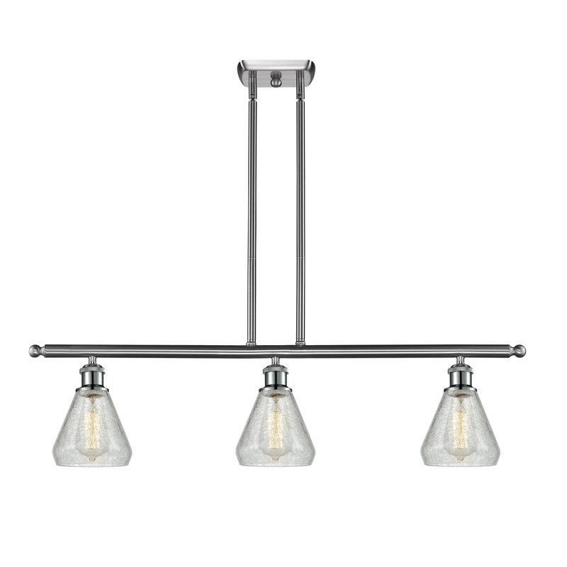 Luminaire suspendu linéaire à 3 lumières pour îlot de cuisine Berlin, Nickel satiné brossé, Transparence craquelée