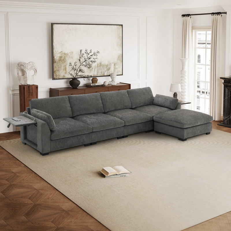 Chenille Modular Sectional Sofa With Ottoman, Armrest Folding Table & Usb Ports, Side Storage Pocket, Charcoal Chenille