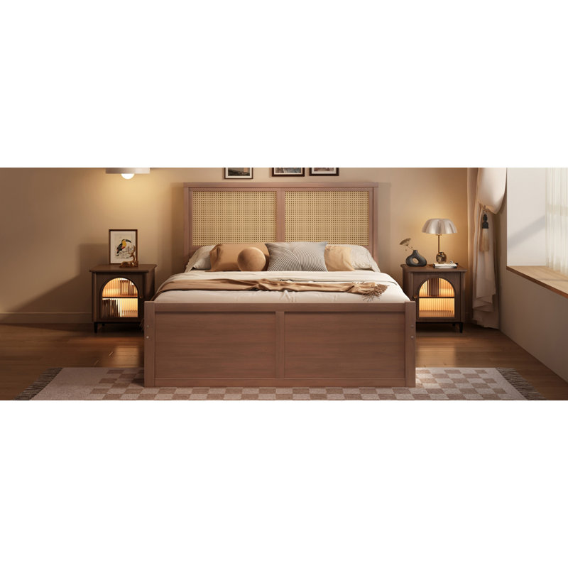 Wood Storage Platform Bed with 4 Drawers and Rattan Headboard, Queen, Walnut