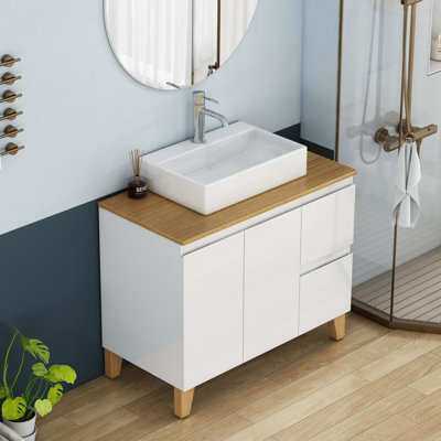 Lavabo de meuble-lavabo moderne de 36 pouces avec 2 portes, grands tiroirs, système de fermeture en douceur, plateau et pieds en bois massif naturel, lavabo carré en céramique, finition blanche brillante pour les grandes salles de bain