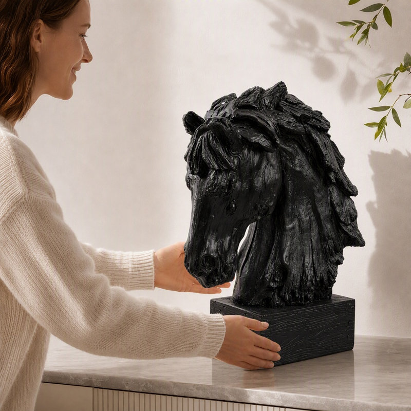 Sculpture tête de cheval rustique avec base, figurines d'animaux de ferme, Noir