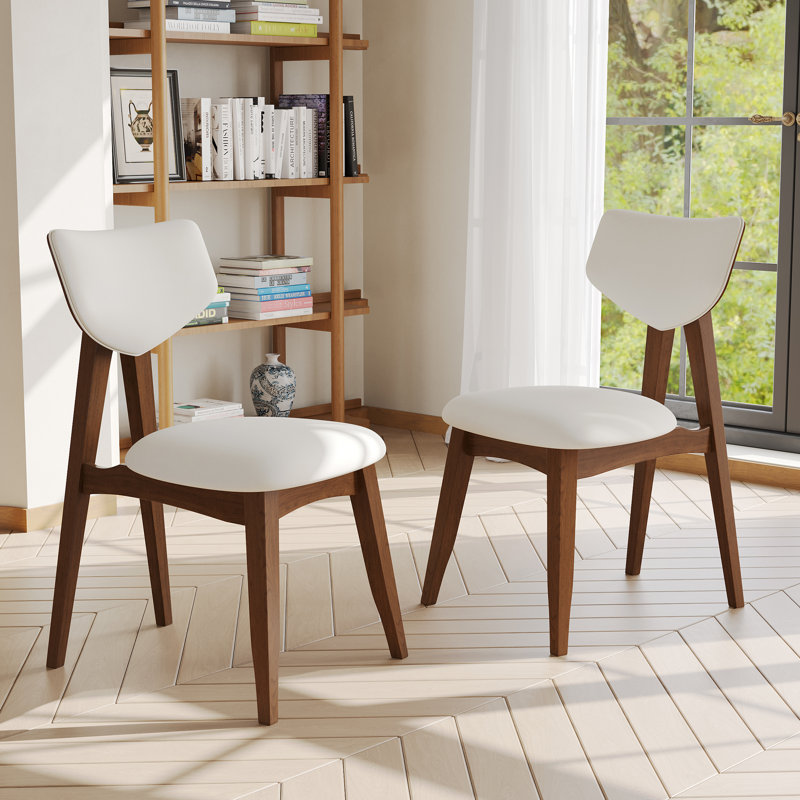 Mid-century Modern Dining Chairs Set Of Two, Curved Backrest & Tapered Wood Legs, Upholstered Faux Leather Seat, Walnut Finish
