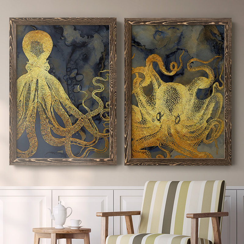 Encre pieuvre dorée et bleue I-Premium, toile encadrée - prête à être accrochée