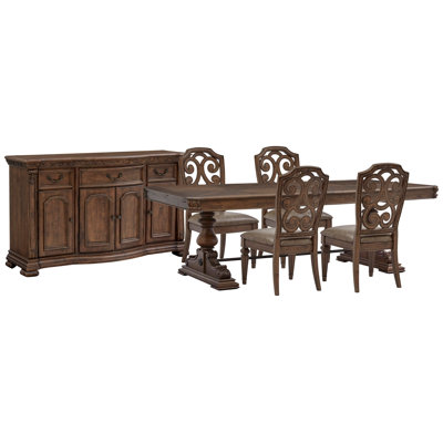 Extendable Trestle Dining Table With 4 Side Chairs And Buffet