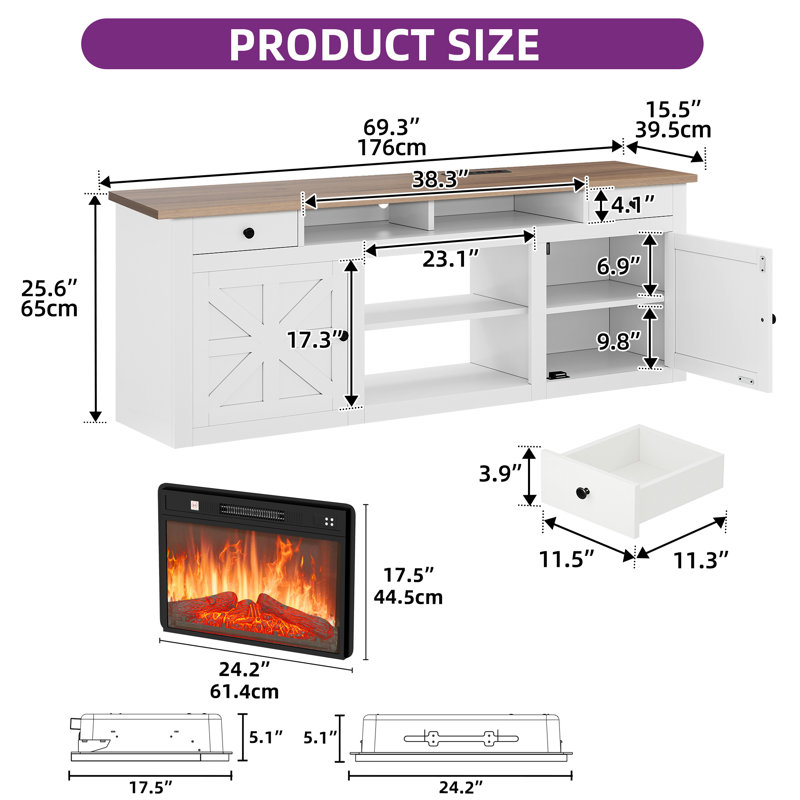 Rosan 70" W Manufactured Wood TV Stand with Electric Fireplace, White