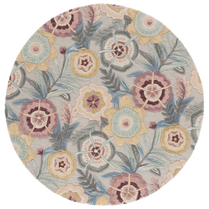 Orilla Tufted Wool/Cotton Floral Rug in Gray/Pink, Round 6'