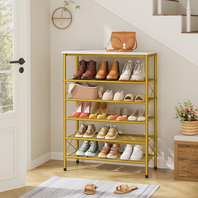 Range-chaussures en métal or blanc à 6 étages 39,4 po H 24 paires, White & Gold
