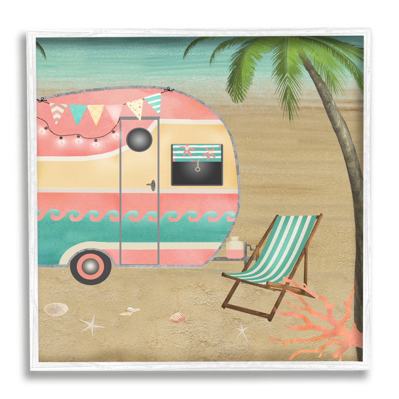 Été, caravane, étoile de mer, H 17 po x l 17 po x P 1,5 po, Giclée encadrée blanc bord de mer