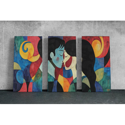 Canvas Wall Art: Geometric Kiss Triptych - Vibrant Abstract Love, Modern Style Decor, Artist Quality Print
