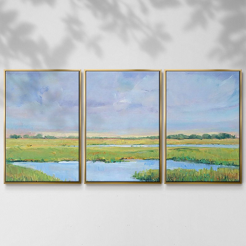Summer Marsh I - Toile encadrée à pièces multiples, H 40 po x l 78 po x P 2 po, Or
