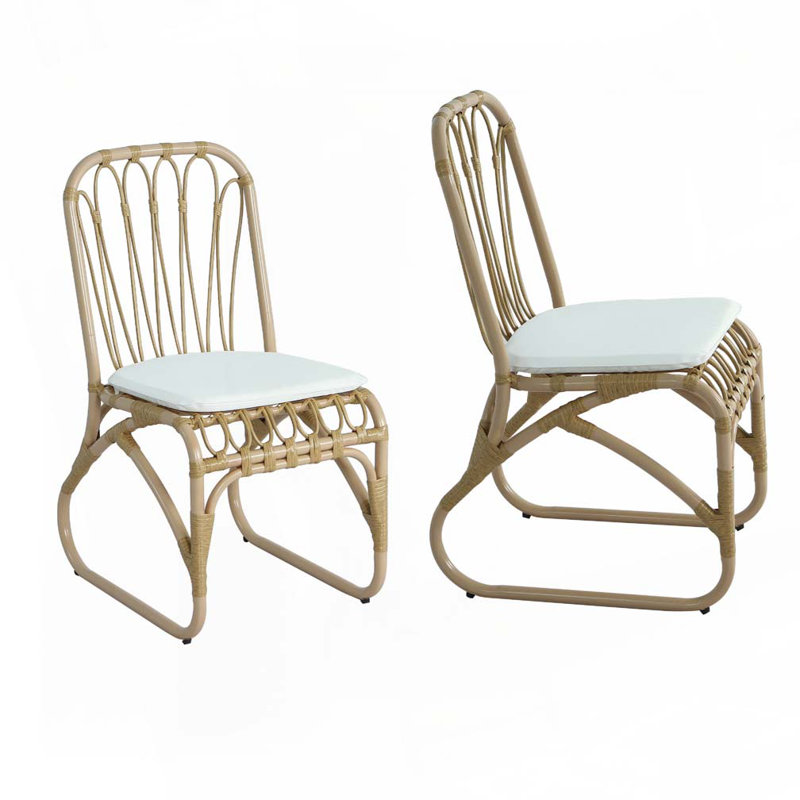 Chaises de salle à manger d'extérieur en osier avec coussin lavable PE, Coussin blanc / structure naturelle