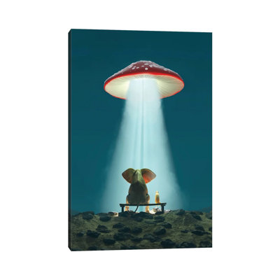 Elephant And Dog Look At A Flying Mushroom by Mike Kiev - Wrapped Canvas Gallery-Wrapped Canvas Giclée