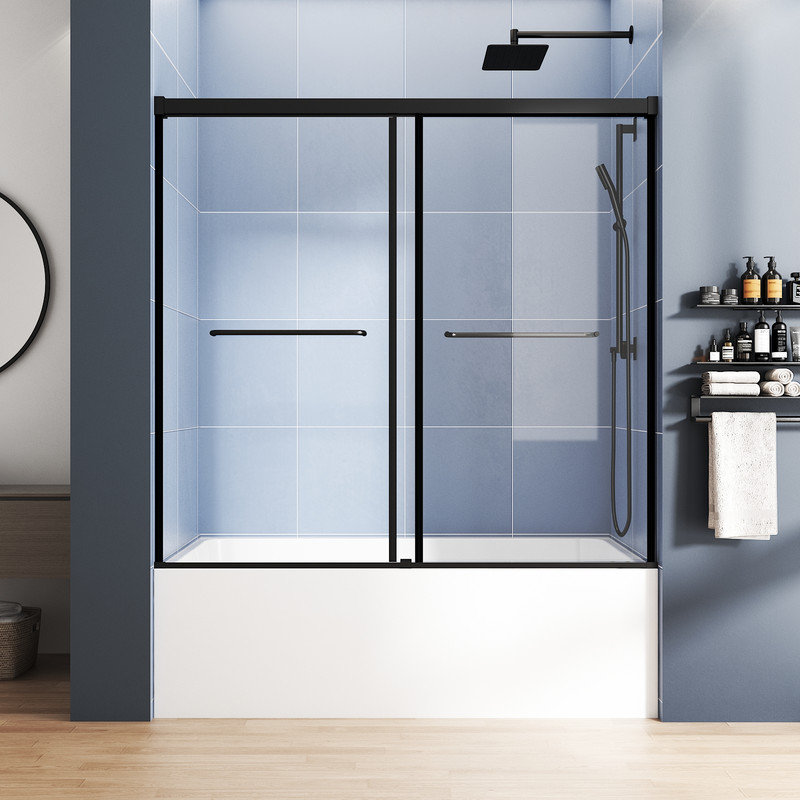 Bathtub Sliding Door 55"-60"W x 56"H Semi-Frameless Tempered Glass with Explosion-Proof Film Stainless Steel Matte Black