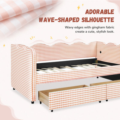 Gingham Daybed With 2 Storage Drawers And Usb Port, Wave-shaped Design