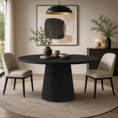 Table de salle à manger de 47 po en MDF pour 4 personnes, table de ferme moderne avec base en bois, table ronde au fini noir pour la cuisine et le salon